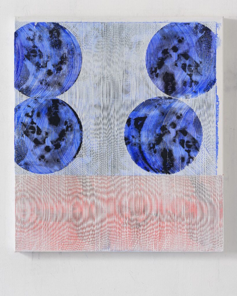 Seasons in Flux _Sound Territory series, 2024 casein tempera, oil, collage on canvas, 90x80 cm